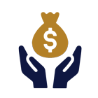 Wealth management planning icon depicting open hands and a bag of money